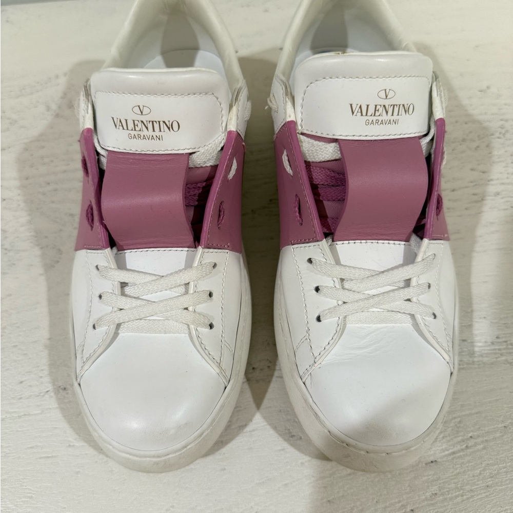 Valentino White and Pink Sneakers with Minimal Rockstuds on heel